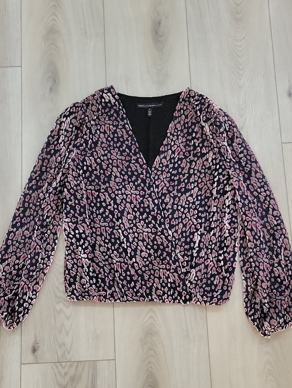 White House Black Market Black and Pink Leopard Print Wrap Top